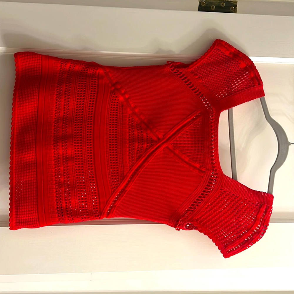 Red cap sleeve perforated shirt